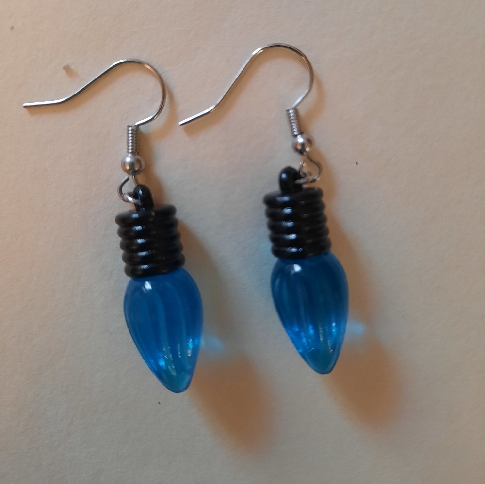 Blue Ribbed Light Bulb Earrings
